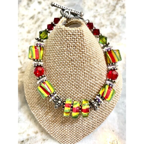 Handmade Lampwork Beads Red Yellow Green with Heart Charm #vintage #festive - Picture 1 of 7